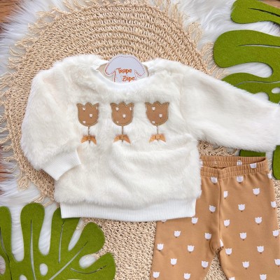 Conj. Casaco de Pelinho Flores e Calça Legging - Caramelo e Off White